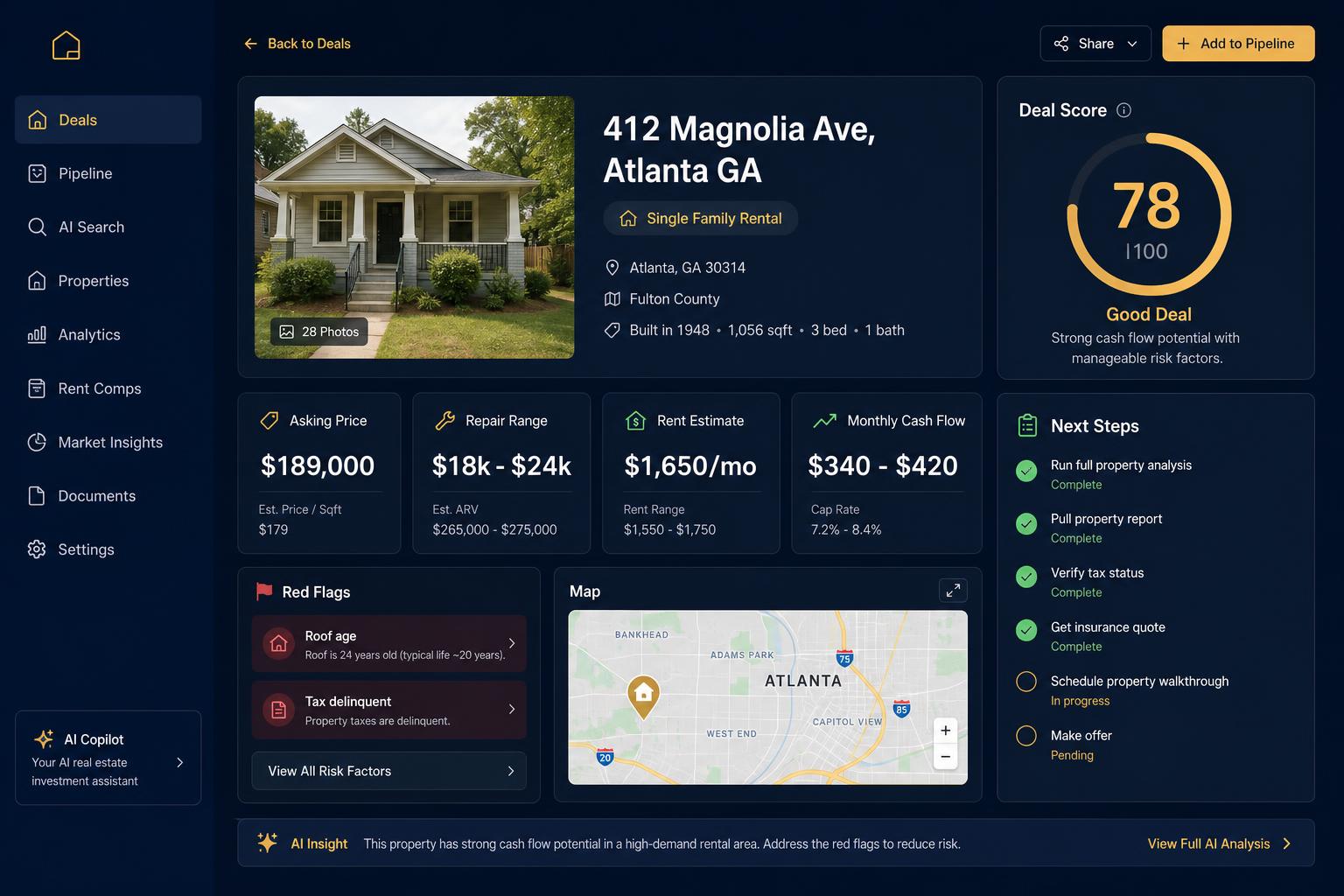 AI real estate deal dashboard mockup with property card, deal score, red flag alerts, and next-step checklist